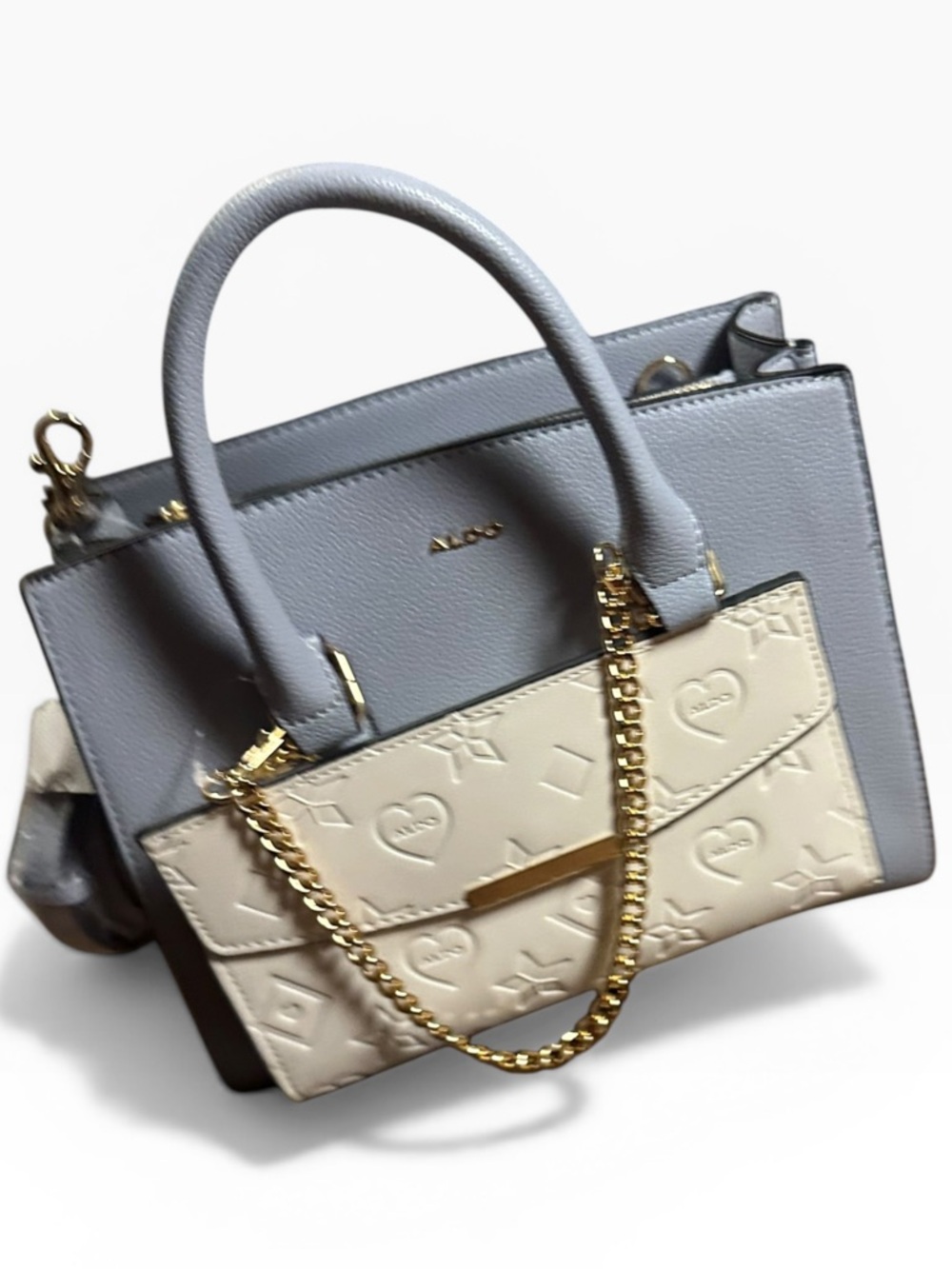 ALDO Grayish Blue Satchel with Gold Chain-Handle Cream Wallet